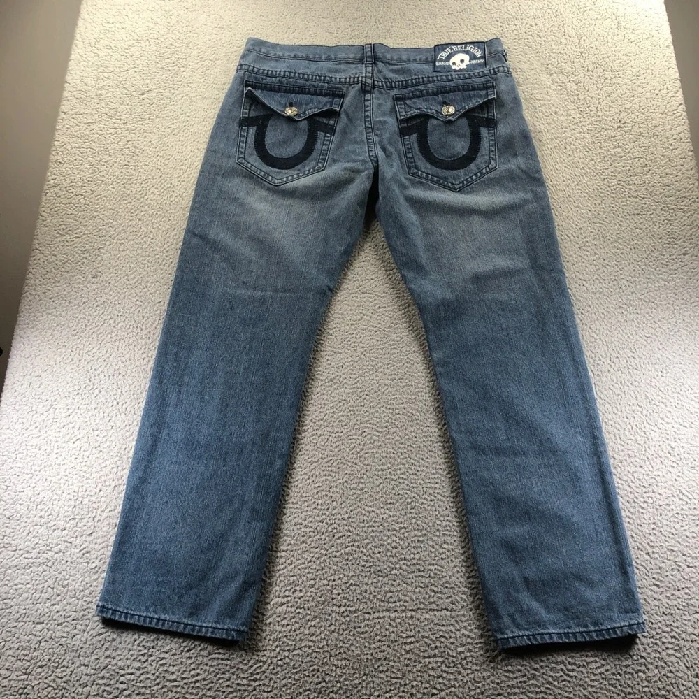 Vintage True Religion Jeans Mens 42x34 Blue Y2K Straight Skull Patch Made In USA